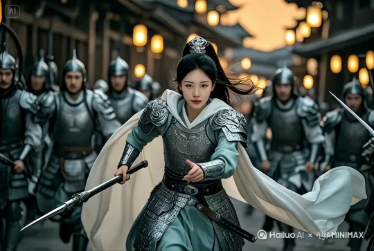 古装美女身穿铠甲，率领一群穿铠甲士兵向前奔跑，头发、披风随风飘扬。[变焦拉远]8K视频。 by Hailuo AI Video Generator