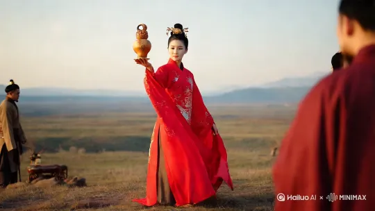 塞北胡姬身着红色霓裳羽衣，手举小酒壳，一会左转转，一会右转转，一会前走走，一会又向左边走动，给客人敬酒。 by Hailuo AI Video Generator
