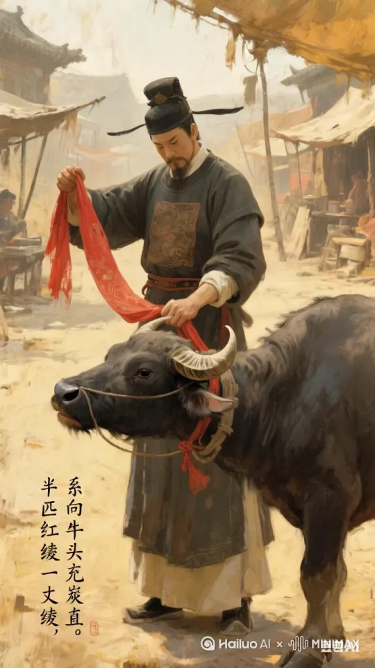 [固定镜头]2k写实，官差将半匹红菱放在牛头上镜头 by Hailuo AI Video Generator