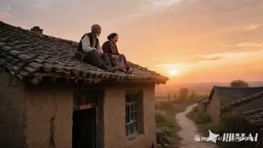 图中老头坐着不动，老太太仿佛武林高手一样，做一个360度翻身跳下房顶，骑到一只大白鹅身上，飞向远方。 by Hailuo AI Video Generator