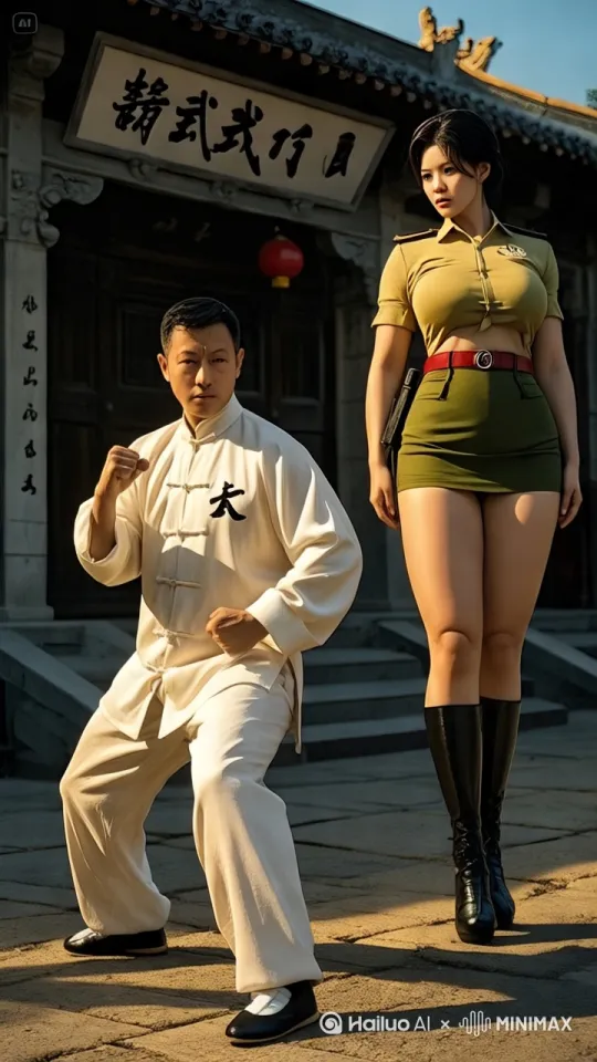 男人一个左勾拳打向女人的胸口，在一个转身，一个边腿踢人像女人的头，三拳五脚打向女人的胸口头腿，女人用腿不停的踢男人的肩，迅猛对招，拳打脚踢，两个人都口头鲜血，惨叫连连 by Hailuo AI Video Generator
