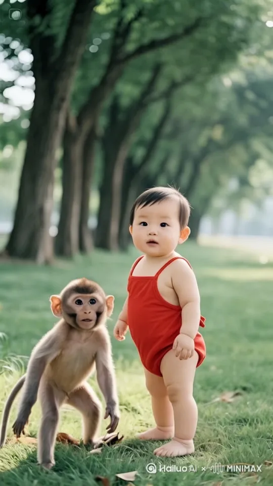 镜头动起来，动态跟随，小男孩和小猴子在空中进行激烈的打斗，小猴子踏空而上，凌空飞踢，踢向小男孩的头部。小猴子出拳攻击小男孩面部，小男孩凌空向后躲避，同时挥拳反击。他们身形灵活，招式多变，不断的攻击，躲避，出拳，踢腿。边打边向着更高处飞去。他们的招式刚柔并济，时而是刚猛的直拳，时而是柔美的转身回旋踢。身影交错之间，地面的尘土飞扬而起！ by Hailuo AI Video Generator