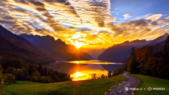 夕阳（画面中心的太阳，光线与天空色彩呈现夕阳特征）
- 云彩（天空中形态丰富、色彩绚丽的云朵）
- 山脉（远景中层层叠叠的山峦）
- 小路（前景中蜿蜒的石头小径）
- 草地（小路旁及近景的植被区域）
- 湖泊（画面中部反射阳光的水域）
- 树木（分布在草地、山坡上，树叶有色彩变化）[推出,上升,下摇] by Hailuo AI Video Generator