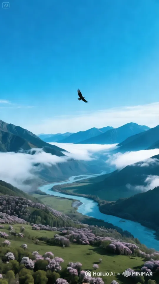 无人机航拍，镜头右根移，雄鹰在空中展翅向前滑翔，山腰云雾翻腾向空中弥漫，溪水潺潺，波光粼粼，电影质感 by Hailuo AI Video Generator
