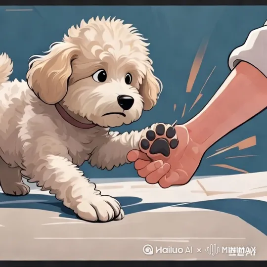 这这个画面还不够完整。尽量把画面做完整一些。主人躺在床上面。胳膊露出来。小狗抓主人的胳膊。嘴巴说。起床了，起床了。 by Hailuo AI Video Generator