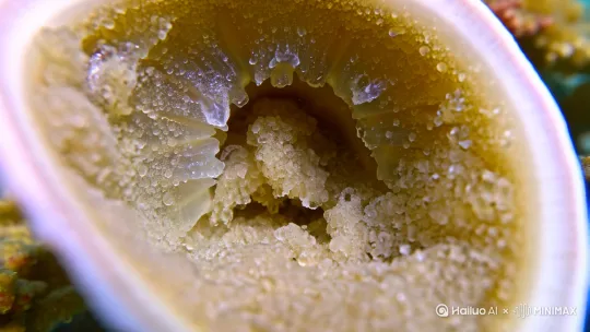 （水下特写）：沙粒嵌入蚌壳柔软的内壁，蚌肉剧烈收缩，黏液包裹沙粒，镜头推至沙粒表面的细微棱角（象征痛苦的初始）。
[左移,上升] by Hailuo AI Video Generator