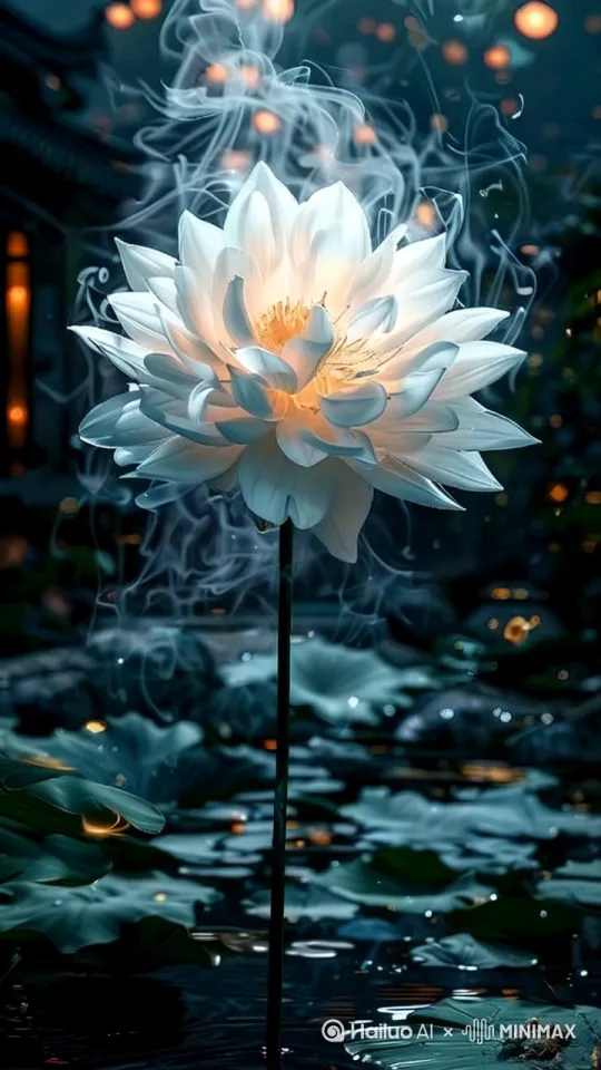山海经中，一朵洁白的昙花，花瓣如雪般纯净，在夜空中悄然绽放，散发着神秘的光芒，烟雾缭绕，生长在静谧的庭院中，8K高清，泛黄的老照片风格，中式恐怖风格，神秘烟雾效果，诡异氛围，超现实主义，细腻质感。 by Hailuo AI Video Generator
