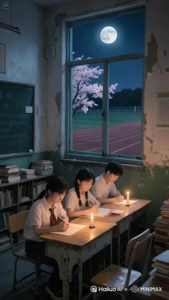 生成一段展现夜晚教室学习场景的视频，画面中三名身着白色衬衫的学生坐在略显破旧的课桌前，桌上蜡烛火焰轻轻跃动，暖光在斑驳墙壁上闪烁。学生们手持笔专注书写，笔尖在纸上流畅滑动，似能听见细微的书写声。黑板上的字迹清晰可辨，窗外满月洒下银辉，几瓣樱花缓缓飘落，操场在夜色中静谧延展。教室四周书籍堆叠，偶尔有纸张轻微翻动，光影随蜡烛摇曳生姿。整体场景细节丰富，动态自然，将夜晚学习的沉静与专注氛围生动呈现，仿佛能让人融入那份为梦想拼搏的努力之中。 by Hailuo AI Video Generator