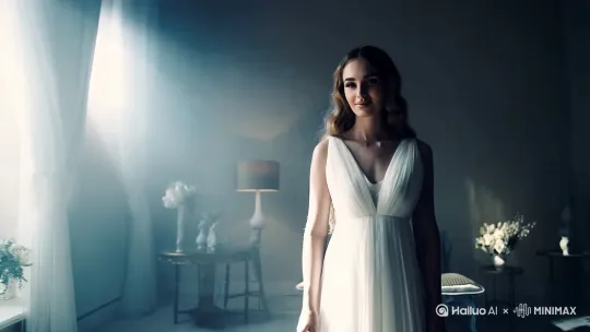 你一个美女穿着白色的衣服在房间里面，然后一条鱼游到了她的手上，镜头逐渐拉近 by Hailuo AI Video Generator