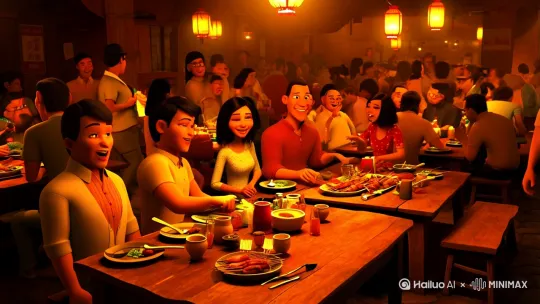 热闹喧嚣的烧烤店内，灯光昏黄，人们围坐在一起吃烧烤喝酒，烟雾缭绕。主角和朋友坐在桌旁，朋友笑着询问主角，主角一脸思索的表情|曾经有人问我，问我能喝多少？这个问题我也不知道。|8s|暖橙色为主，营造热闹的烧烤店氛围|烧烤店内嘈杂的人声、餐具碰撞声、烤串的滋滋声|烧烤店内| by Hailuo AI Video Generator