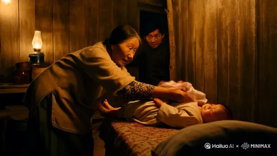 1976年3月凌晨2点半左右一个小女孩出生在中国江南农村的一户人家，女孩双腿先下，母亲难产，接生婆为女孩子的堂奶奶，父亲一直希望是个男孩，在产房外焦急等待。母亲千辛万苦生下女孩后，堂奶奶没看清就向父亲说生了个男孩，父亲万分高兴，兴冲冲到10公里外岳父家报喜，等亲友赶过来一看原来是个女孩，父亲情绪一落千丈，随后有了送人的念头，这是他第二个孩子，第一个也是女孩，但他视若珍宝。[左移,上升]加入音乐配音 by Hailuo AI Video Generator