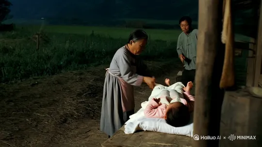 1976年3月凌晨2点半左右一个小女孩出生在中国江南农村的一户人家，女孩双腿先下，母亲难产，接生婆为女孩子的堂奶奶，父亲一直希望是个男孩，在产房外焦急等待。母亲千辛万苦生下女孩后，堂奶奶没看清就向父亲说生了个男孩，父亲万分高兴，兴冲冲到10公里外岳父家报喜，等亲友赶过来一看原来是个女孩，父亲情绪一落千丈，随后有了送人的念头，这是他第二个孩子，第一个也是女孩，但他视若珍宝。[左移,上升]加入音乐配音 by Hailuo AI Video Generator