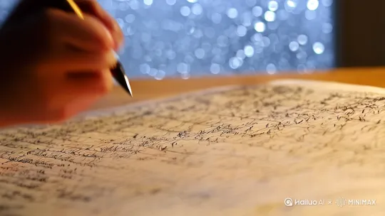 【整体基调】
冷色调为主转暖色收尾/白噪音环境音+轻柔钢琴曲/时间流逝感

【分镜脚本】（序号-时长-画面-运镜-备注）

1. 0-1.5s
特写：沾水笔尖在稿纸上快速移动
手持轻微晃动镜头
环境音：沙沙书写声+窗外雨声

2. 1.5-3s
中景：堆满书的桌面上，女孩单手扶额思考
俯拍逆光剪影
台灯暖光勾勒发丝轮廓

3. 3-4.5s
特写：自动铅笔芯突然断裂
微距镜头推进
清脆的"啪"声效

4. 4.5-6s
近景：女孩咬唇翻找笔芯，桌角电子钟从23:17跳到00:42
固定镜头+时间数字跳转特效

5. 6-7.5s
空镜：窗玻璃雨痕折射出台灯光斑
镜头虚焦处理
雨声渐强时插入翻书声

6. 7.5-9s
动态转场：手臂擦过镜头，切到清晨书桌
匹配动作剪辑
环境音加入鸟鸣声

7. 9-10.5s
特写：布满修改痕迹的笔记本被荧光笔划亮重点
灯光从冷白变晨光暖黄
加入渐强的鼓点节奏

8. 10.5-12s
仰角：女孩抱书站起伸懒腰，阳光穿过指缝
慢镜头+光斑特效
衣摆带落草稿纸飘落

9. 12-13.5s
俯拍：满地写满公式的废纸形成旋涡状
镜头旋转上升
加入纸张摩擦的环境音

10. 13.5-15s
最终画面：定格在桌面-摊开的满分试卷压着咖啡渍笔记
焦点从虚到实
字幕浮现："孤独是成长的加速器"

【执行建议】
1. 色彩设计：前期蓝灰冷调，后期逐渐加入晨光橙黄
2. 道具细节：使用统一色系文具，重点突出红色批改痕迹
3. 节奏控制：每1.5秒一个画面转折，配合音效强化记忆点
4. 情绪曲线：压抑（雨夜）- 焦灼（断铅）- 突破（晨光）- 释放（飘纸）- 升华（满分） by Hailuo AI Video Generator