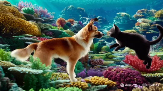 在充满珊瑚礁的海底一只狗和一只猫在对战，狗用降龙十八掌猫用忍术经过一场激烈的战斗，最终狗用一道龙形真气将猫打败（总时长20秒） by Hailuo AI Video Generator