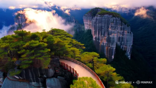 张家界黄石寨景区，无人机高空全景环绕镜头，8K超高清画质，超现实写实风格，清晨薄雾缭绕，石英砂岩峰林地貌，险峻悬崖栈道，阳光穿透云层丁达尔效应，植被茂密层次分明，超锐利细节呈现，HDR高动态范围，60fps流畅运镜，电影级光影质感，中国水墨画意境，全景深效果，自然色彩增强，慢速旋转升降复合运镜，4D立体云层运动，岩壁纹理强化，松树冠顶特[左移,上升]写 by Hailuo AI Video Generator