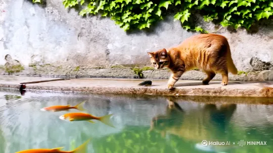 一只可爱的猫咪站在石阶水边缘，身体前倾，用2前爪速度捕捉水中的一条鱼，猫咪把鱼抓上来，将鱼放在了台阶上，鱼在台阶上微微挣扎动。背景是一堵爬满藤蔓的墙，墙下的台阶上有一些水渍，水面清澈，能看到几条小鱼在游动。比例 9:16。 by Hailuo AI Video Generator
