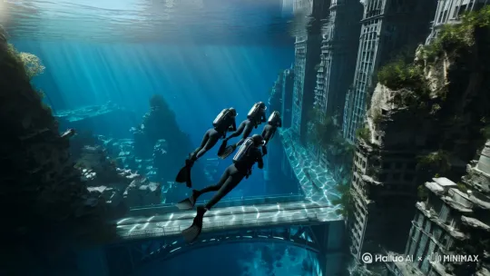 未来世界，海平面上升，都市淹没在海洋里，潜水冒险家进行探索。 by Hailuo AI Video Generator