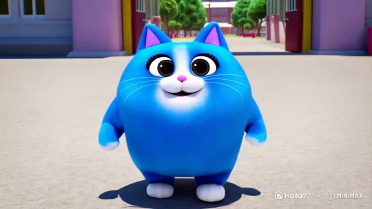 一只蓝色的可爱胖猫拟人，他在学校门口模仿抖音猫爷走模特步，画面背景不动，只有主体蓝色拟人胖猫在走猫步，要有自信的表情，自信往前走，最后飞起来开心的转一圈，要表现出离开学校的欣喜 by Hailuo AI Video Generator
