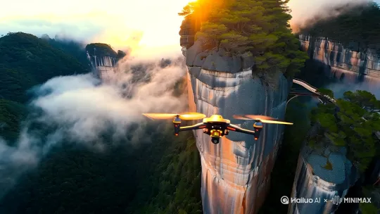 张家界天门山景区，无人机高空全景环绕镜头，8K超高清画质，超现实写实风格，清晨薄雾缭绕，石英砂岩峰林地貌，险峻悬崖栈道，阳光穿透云层丁达尔效应，植被茂密层次分明，超锐利细节呈现，HDR高动态范围，60fps流畅运镜，电影级光影质感，中国水墨画意境，全景深效果，自然色彩增强，慢速旋转升降复合运镜，4D立体云层运动，岩壁纹理强化，松树冠顶特写。 by Hailuo AI Video Generator