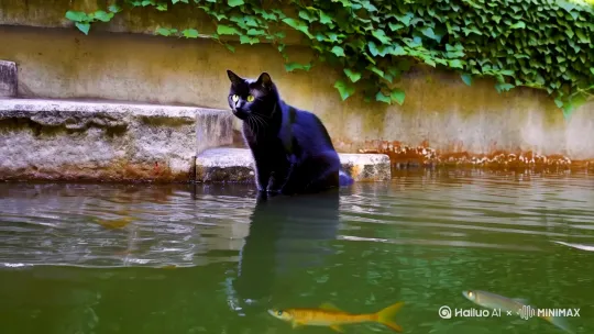 一只可爱的猫咪站在石阶水边缘，身体前倾，用2前爪速度捕捉水中的一条鱼，猫咪把鱼抓上来，把鱼放在了台阶上，鱼在台阶上微微挣扎动。背景是一堵爬满藤蔓的墙，墙下的台阶上有一些水渍，水面清澈，能看到几条小鱼在游动。比例 9:16。 by Hailuo AI Video Generator