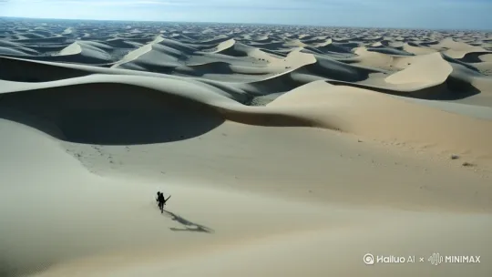 1. 开场镜头(3-5秒)
画面:无人机俯拍广角
黄沙连绵的沙漠全景,沙丘起伏如波浪,渺小的人影从画面左下角缓缓走入。
运镜:无人机缓慢后退拉升,人物逐渐变小,突出环境压迫感。
音效:风声+低沉环境音(可后期添加)。
2. 人物特写(2-3秒)
画面:低机位侧面跟拍
沾满沙子的靴子特写,脚步沉重踩进沙中,沙粒滑落(慢动作处理)。
道具:可提前在鞋面撒沙增强细节。
3. 环境互动(4秒)
画面:中景仰拍
人物停下,抬头望向刺眼的阳光(镜头眩光特效),手搭凉棚擦拭汗水。
服装:建议戴破旧宽檐帽+围巾(增加故事感)。
4. 悬念镜头(3秒)
画面:第一人称视角
沙地上突然出现动物足迹/半掩的古老物件(如生锈水壶),手入画拨开沙子(引发观众好奇)。
5. 结尾开放式(5秒)
方案A(励志向):
人物走向远处绿洲/公路(剪影+橙红色调滤镜)。 by Hailuo AI Video Generator