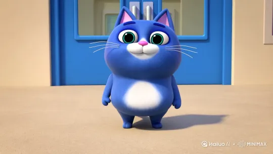 一只蓝色的可爱胖猫拟人，他在学校门口模仿抖音猫爷走模特步，画面背景不动，只有主体蓝色拟人胖猫在走猫步，要有自信的表情，自信往前走，最后跳起来开心的转一圈，要表现出离开学校的欣喜但是不要太夸张 by Hailuo AI Video Generator