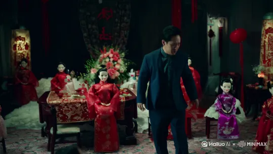 [晃动,跟随]中式恐怖的婚礼上 分不清是灵堂还是婚礼 到处都是穿中式衣服的人偶 新郎漫无目的的走着 找不到新娘 by Hailuo AI Video Generator