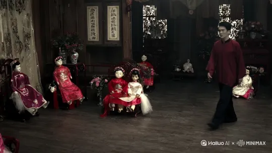 [晃动,跟随]中式恐怖的婚礼上 分不清是灵堂还是婚礼 到处都是穿中式衣服的人偶 新郎漫无目的的走着 找不到新娘 新娘哈哈大笑 恐怖的配乐响起 by Hailuo AI Video Generator