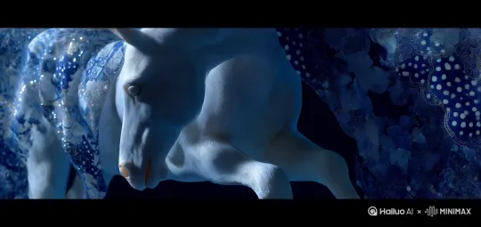 在昏暗的氛围中，一匹光滑的白马慢动作跃起。花卉图案和波点和纺织品如水般流动逐渐遮住马，丰富的蓝色色调与珠宝微光融为一体，有节奏地跳动。 by Hailuo AI Video Generator