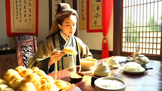 画面中心是一个古色古香的房间，里面摆放着一张精美的木桌和几把椅子。一位穿着古装的中国古代人物正坐在桌前，享受着他的早餐。
他面前的桌子上摆满了各种美食，有热气腾腾的包子、香喷喷的油条、鲜嫩的豆腐脑，还有一碗热气腾腾的米粥。他手里拿着一根油条，正咬了一口，脸上露出满足的表情。
他的穿着非常华丽，身上穿着一件精美的丝绸长袍，上面绣着精美的图案。他的头发梳理得整整齐齐，戴着一顶华丽的帽子。
房间的墙壁上挂着一些古代的字画，增添了一些文化氛围。窗外是一片美丽的花园，阳光透过窗户洒在房间里，营造出一种温馨的氛围 by Hailuo AI Video Generator