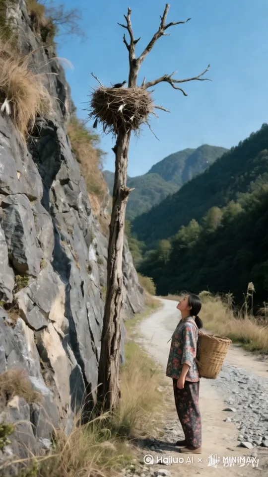 女子快速向上跳跃，只见她身轻如燕，只几步就快速的跳到峭壁高处把鸟巢稳稳的摘下来，拿着鸟巢稳稳跳下地面，开心不已，镜头移动动态跟随 by Hailuo AI Video Generator