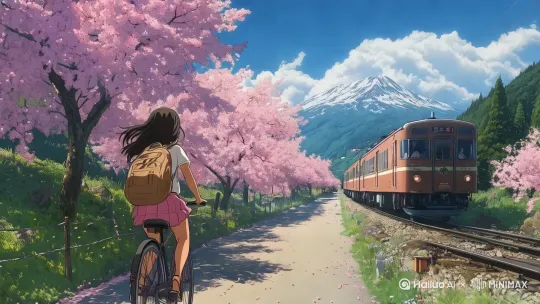 [推进,上升]一女孩骑着自行车，右边的火车飞驰开过，树叶摇动，天空白云飘动[推进,上升] by Hailuo AI Video Generator