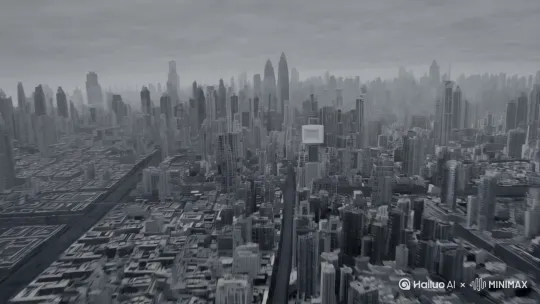 航拍，镜头由远推近。宏大场景，金融城市全景渐次聚焦，整体灰色调彰显冷肃，只有一座纯白立方体建筑逐渐浮现，显得格外突兀。效果:现实主义，电影画面，尽量贴近真实场景、科幻主题。[左移,右摇,跟随] by Hailuo AI Video Generator