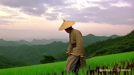 诸葛亮在卧龙岗上，头戴斗笠，手持锄头，辛勤地躬耕着田地。他心怀天下，却尚未遇到明主，只能在此等待时机。 by Hailuo AI Video Generator