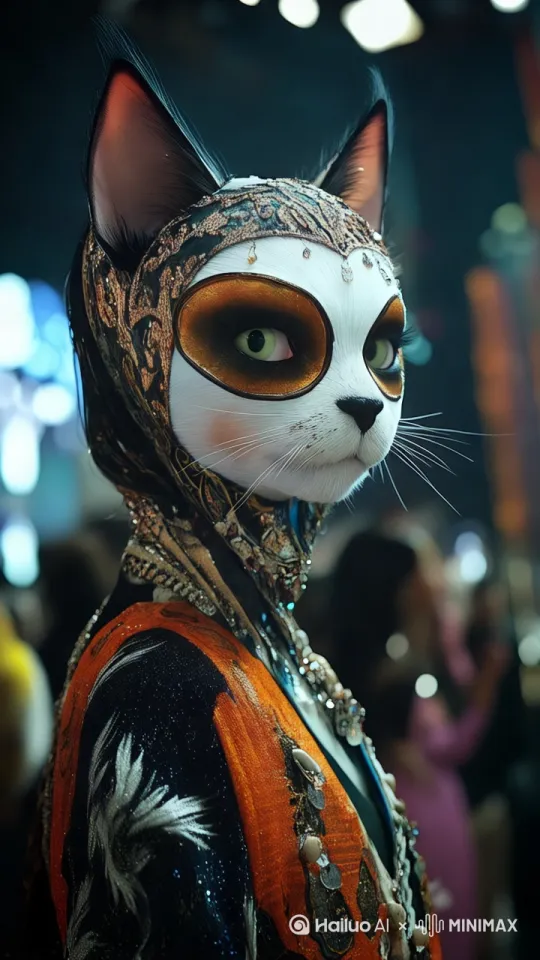 让这只猫咪活灵活现，眨眼睛，会微笑，舌头舔嘴唇，镜头围绕着猫咪旋转九十度，猫咪的头跟着镜头旋转，眼睛始终注视着镜头，耳朵会轻微抖动， by Hailuo AI Video Generator