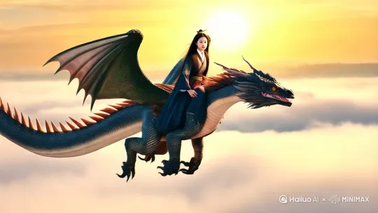 穿着小龙女骑在龙背上在云上飞 by Hailuo AI Video Generator