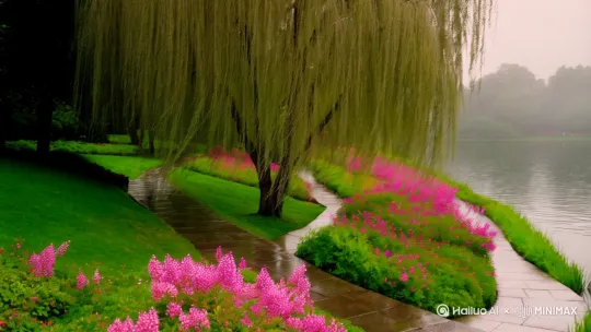自然风景、湖边景色、垂柳、粉色花卉、石板小径、绿色草地、雨天氛围、写实风格、柔和光线、朦胧远景 by Hailuo AI Video Generator