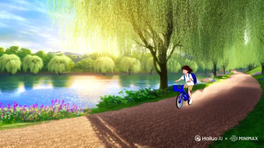 真实场景，场景描述：夏日午后的小河岸边，碎石路蜿蜒穿过垂柳和野花丛，背景是波光粼粼的河面。主体描述：八岁男童穿着白色短袖和卡其色短裤，骑蓝色自行车向前疾驰。动作描述：车轮快速转动碾过碎石，车筐里的书包随着颠簸上下跳动，男孩身体前倾头发飞扬。视觉风格：明亮鲜艳的日系动画风，广角镜头低角度跟拍自行车轨迹。氛围：充满童真活力的郊游感，阳光透过柳叶在路面投下闪烁光斑。技术细节：60帧高速摄影捕捉车轮转动细节，流畅运镜配合0.5倍速慢动作特写。现实版。 by Hailuo AI Video Generator