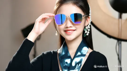 18岁美女国风时尚摄影，半框金属眼镜边缘反光现象，镜片多层镀膜反光效果，所有经过镜片的东西都有错位的折射现象，黑色V领毛衣搭配靛蓝水墨纹样围巾，发髻盘绕搭配珍珠发饰，一只手捏住眼镜，缓缓的摘下眼镜，发丝飘动动态模糊，然后回眸微笑表情自然，虹膜纹理清晰可见的逼真眼部细节，皮肤毛孔与唇纹高精度呈现，侧光照明突显面部立体感，浅景深虚化背景，电影级柔光滤镜，中心对称构图，手腕自然下垂避免遮挡身体线条，工作室布光系统配合环形反光板。图片风格为写真，比例 9:16。 by Hailuo AI Video Generator