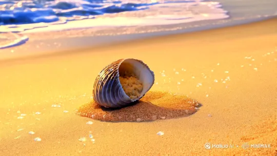 1. 晨曦微露，海浪温柔拍打着沙滩，泛起层层白沫。一枚半开的蚌壳静静躺在沙上，水珠从边缘滑落，折射出鹅黄色的光。
 2. 沙粒嵌入蚌肉，蚌壳剧烈收缩，黏液包裹沙粒。海浪汹涌撞击礁石，老渔夫满是疤痕的手紧握渔叉，夕阳余晖洒在他眼中，映出滚烫泪光。 
3. 海浪欢快涌上沙滩，少女赤足奔跑，裙摆被浪花打湿。她俯身捡起一枚发光蚌壳，贴在胸前，阳光穿透，蚌壳里半颗珍珠映出少女含笑眼眸。
 4. 老人颤抖着手擦拭珍珠，浮现年轻时在暴风雨中搏斗的画面。珍珠表面折射出雾晨渔港、雨夜灯塔，篝火旁人们传唱古老歌谣。
人物逼真，场景真实，8K清晰度。 by Hailuo AI Video Generator