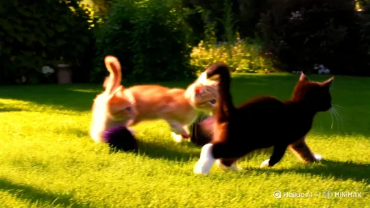 三只不同毛色的小猫在花园草坪上争抢着一只小茸球玩耍。 by Hailuo AI Video Generator