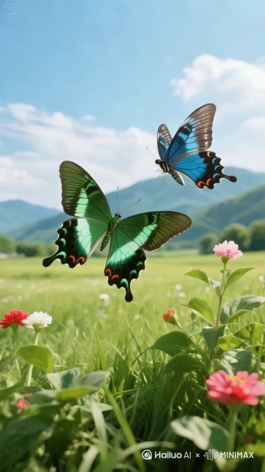 两只蝴蝶突然在空中翻滚旋转，然后[推出,上升,下摇]
绿色蝴蝶幻化成一个穿着绿色长袍的俊美男子，蓝色蝴蝶幻化成一个穿着蓝色长袍的美丽女子 ，两人手拉手跑向远方[右摇,变焦推进] by Hailuo AI Video Generator