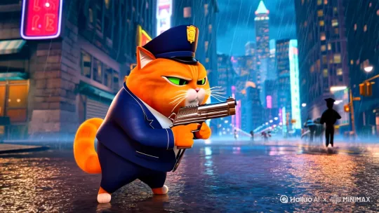 大胖橘猫穿着警服手里拿着枪在城市的下雨天抓坏人 by Hailuo AI Video Generator