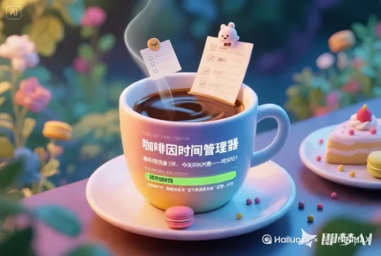 咖啡香气四溢，水纹逐渐荡漾，2张便利贴上的玩偶都在轻轻跳动，欢呼雀跃，下午阳光明媚[左移,右摇,跟随] by Hailuo AI Video Generator