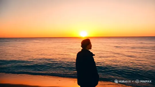 一篇伤感类型的生活记录视频，视频内容孤独的人，夕阳，大海等因素，转场都是很自然就可以。两分钟的 by Hailuo AI Video Generator