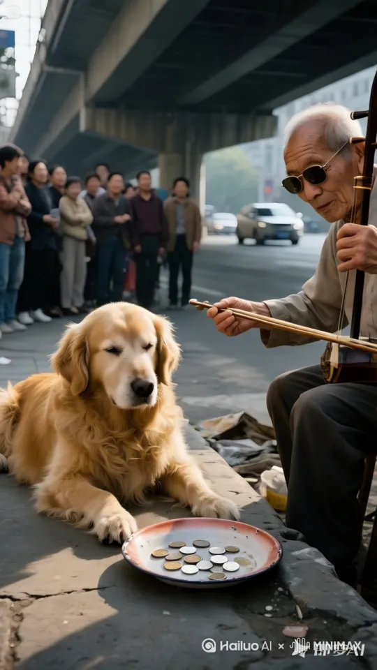 镜头移动，动态跟随，大爷拉二胡，金毛叼着盘子四周走一圈，无数人趁机伸手向盘子丢硬币。 by Hailuo AI Video Generator