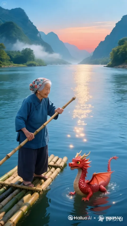 在一条清澈见底的小河上，水面波光粼粼。一位白发苍苍的老奶奶站在古朴的竹排之上，旁边竟站着一只体型小巧、浑身散发着柔和红光的小红龙。老奶奶满脸慈爱，轻轻抬手摸了摸小红龙的头，脸上露出极为亲切的微笑。
 
小红龙似乎感受到了老奶奶的爱意，欢快地“嗷呜”一声，缓缓靠到竹排旁边。只见它伸出龙爪轻轻滑动着水波，同时两只脚也有节奏地划动，仿佛是个熟练的船夫。在小红龙的推动下，竹排载着老奶奶开始缓缓向前滑动，激起一道道细小的涟漪。镜头始终稳稳地跟随着竹排和老奶奶，记录着这一人一龙在河上那荒诞却又温馨奇妙的前行画面。 by Hailuo AI Video Generator