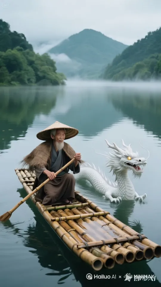 老爷爷摸了摸白龙的头，白龙回应，瞬间推着木筏在颌面上快速移动，老爷爷哈哈大笑，镜头跟随动态移动 by Hailuo AI Video Generator