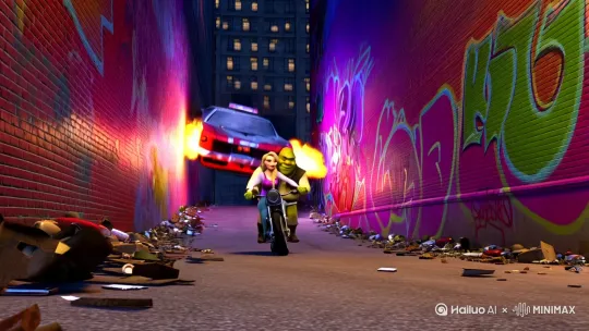 elsa驾驶摩托车 through a narrow alley，史莱克坐在摩托车后座。 car chases behind motorcycle，汽车激烈的追逐摩托车，火光照亮涂鸦墙，Trash and debris whip around，砖墙破碎，楼房倒塌，碎石飞溅。然后摩托车冲出大街，驶入高架桥的匝道，running onto ring road and ramp，巨大怪物的没有指头的大脚从空中踩下 烟尘 震动，，The camera tracks the motorcycle running, then panning right to reveal a massive explosion. high action.然后摩托车在高速转弯时摔倒，2人被摩托车甩下来，沿着惯性在路面滑出很远。镜头跟随，，shaky camera by Hailuo AI Video Generator