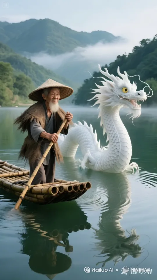 老爷爷用中国功夫空翻到白龙背上，白龙驮着老爷爷快速游走，镜头跟随，动态移动。 by Hailuo AI Video Generator